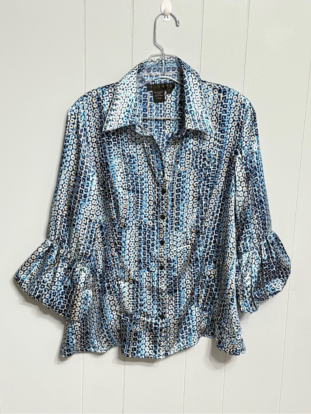 #19) Ninety Blue and White Geometric Ruffle-Sleeve Button Down Shirt